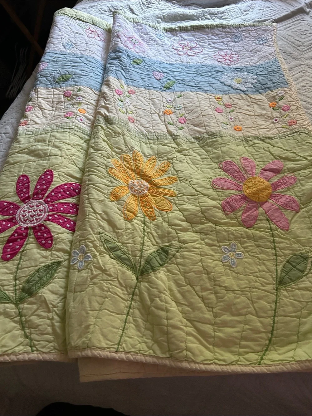 Pottery Barn Kids Daisy Flower Garden Pastel  Floral Embroidery  Appliqué Quilt